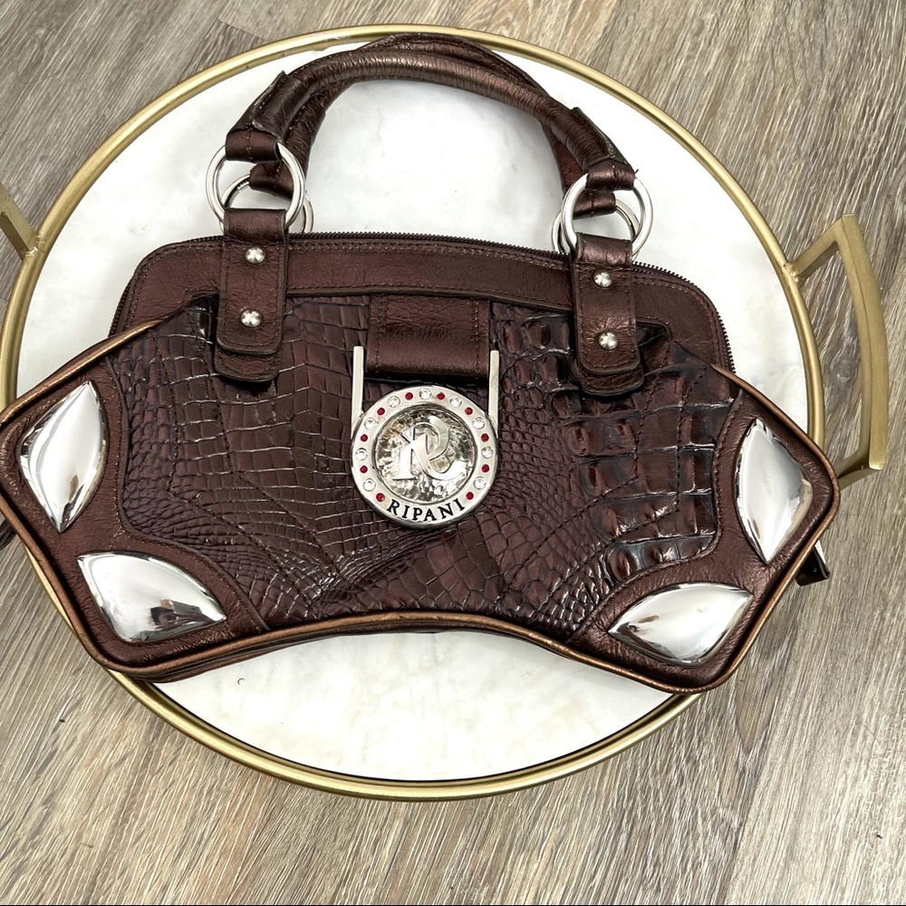 RIANI Dark Brown Croc-Embossed Leather Shoulder Bag with Silver Accents